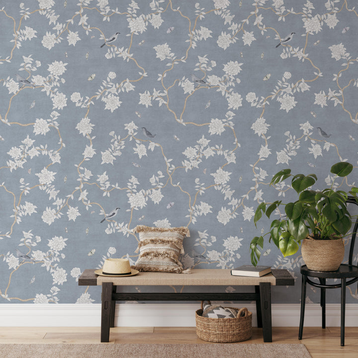 L’Atelier Botanique Chinoiserie Revival Wallpaper Mural in Denim Blue