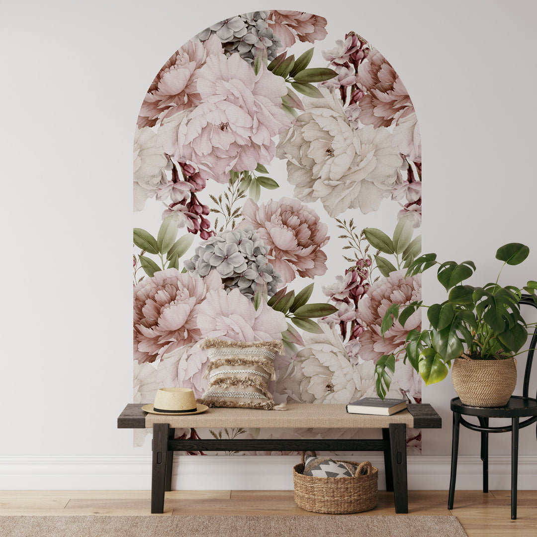 Vinilo decorativo para pared con arco floral, ramo de peonías en el bosque