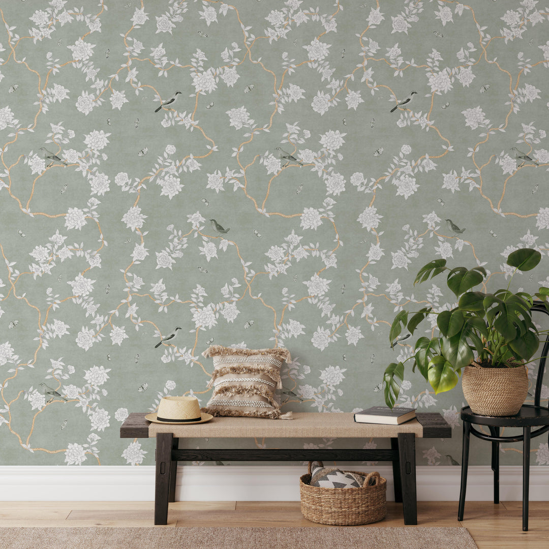 Mural Le Tariche Chinoiserie en neutro y rosa