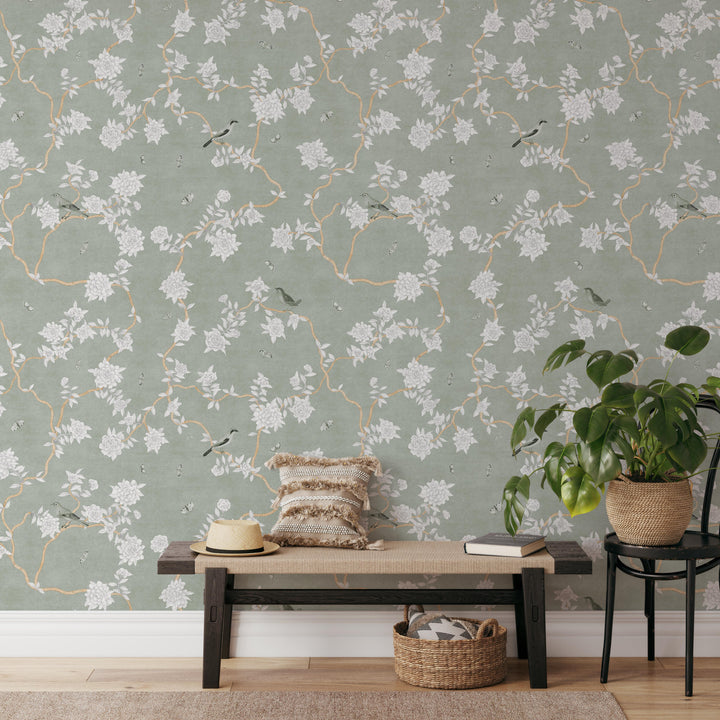 Mural Le Tariche Chinoiserie en neutro y rosa