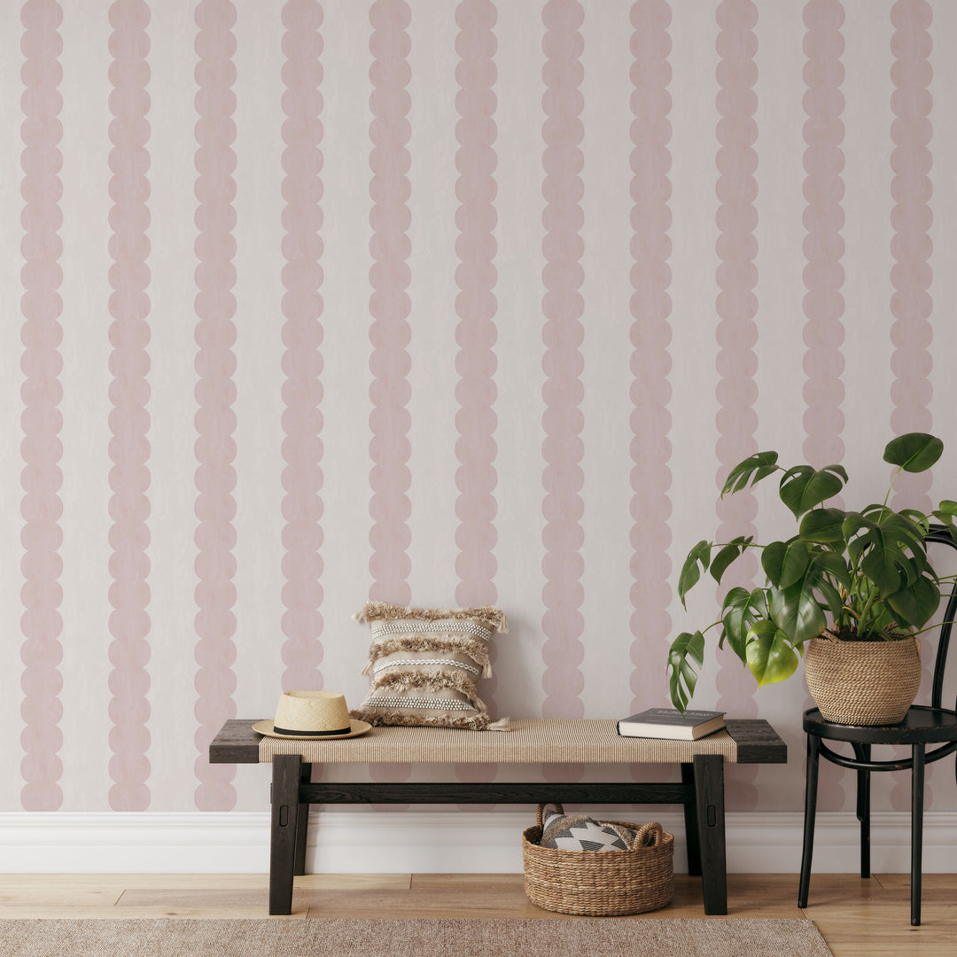 Pebble Column Stripe Wallpaper in Pink and Light Cream