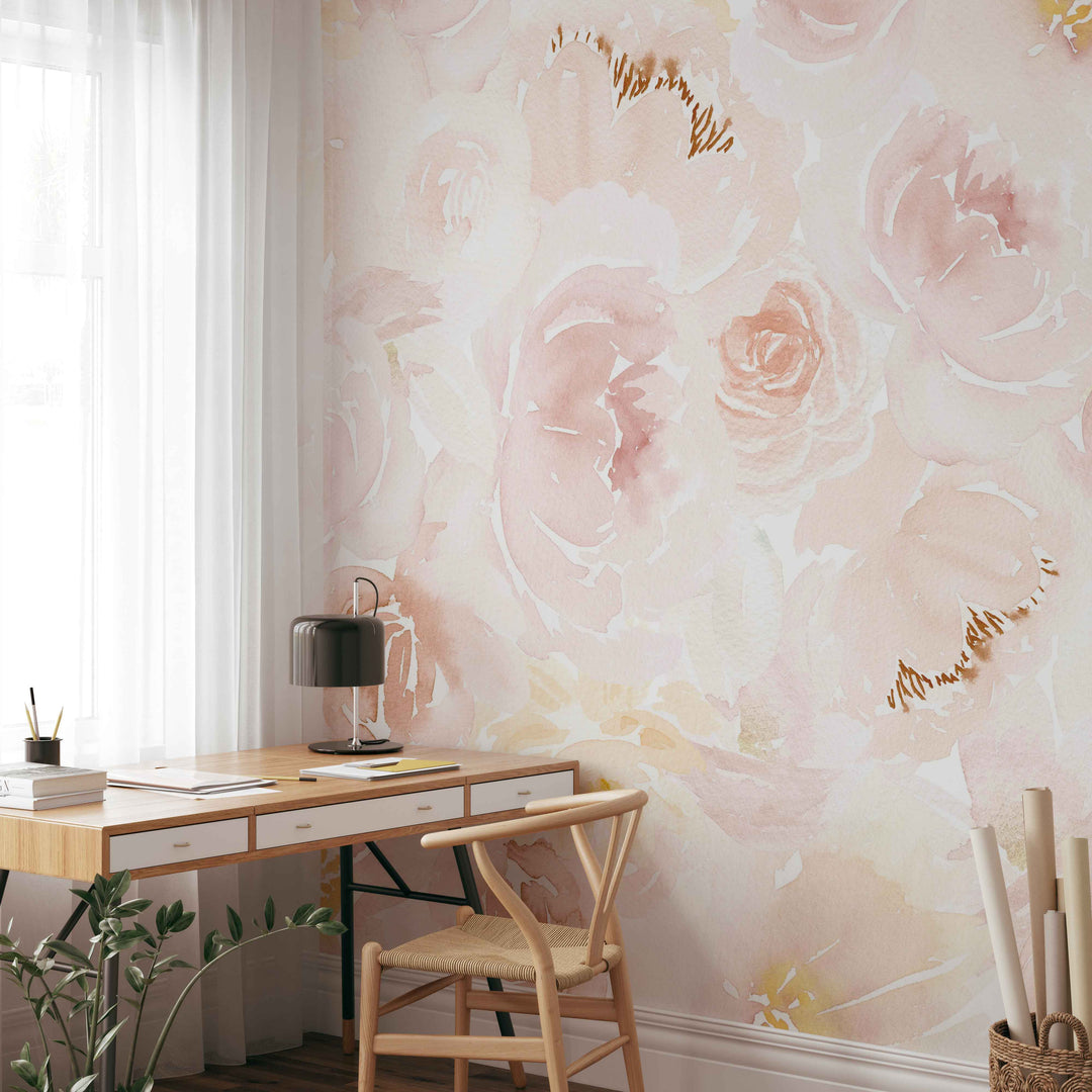 Soft Blush Watercolor Peony Mural | Large Scale Floral Bouquet Girl Nursery Wallpaper