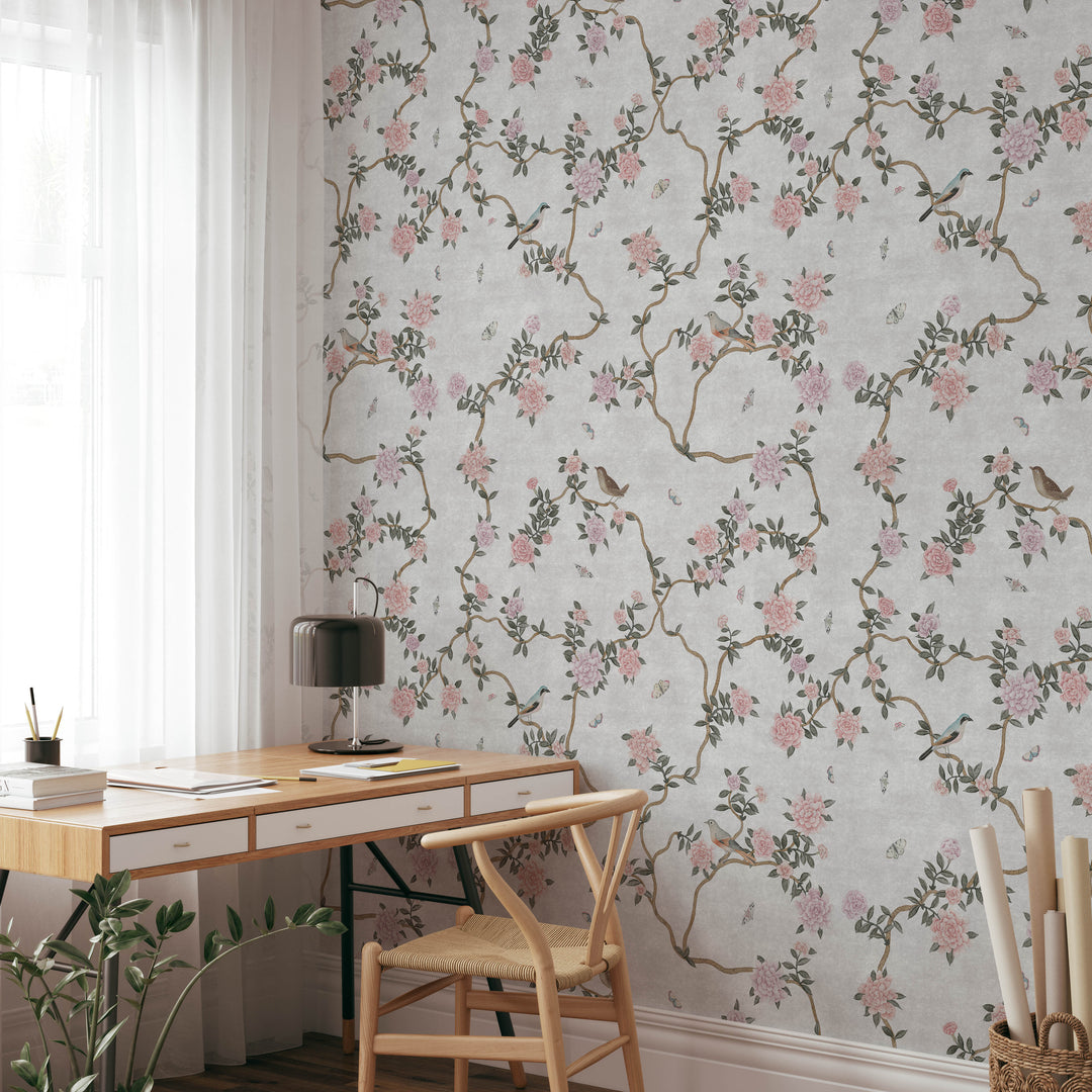 L’Atelier Botanique Chinoiserie Revival Wallpaper Mural in Gray Fog