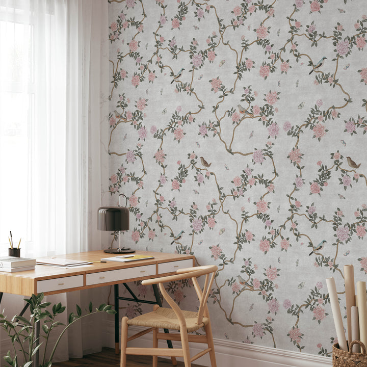 L’Atelier Botanique Chinoiserie Revival Wallpaper Mural in Gray Fog