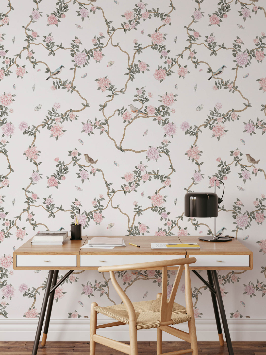 Mural Le Tariche Chinoiserie en neutro y rosa