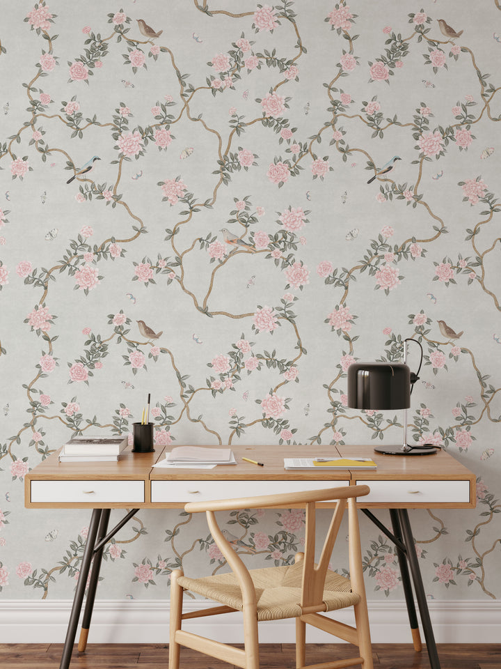 Mural Le Tariche Chinoiserie en neutro y rosa