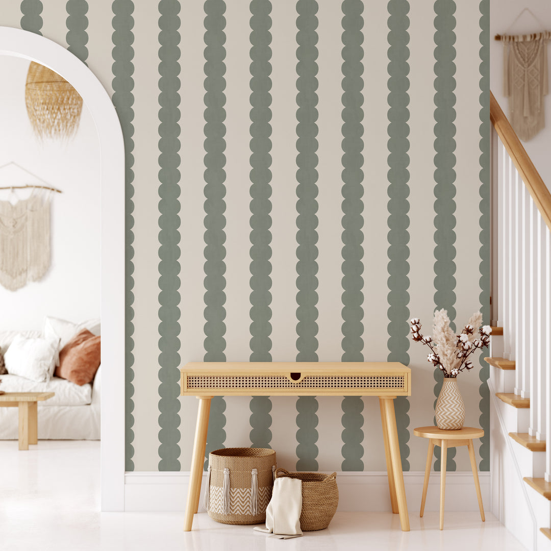 Pebble Column Stripe Wallpaper in Tate Olive and Light Cream