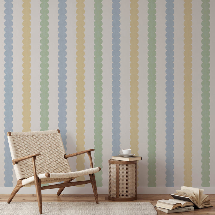 Pebble Column Stripe Wallpaper - Blue, Yellow, Green on Cream