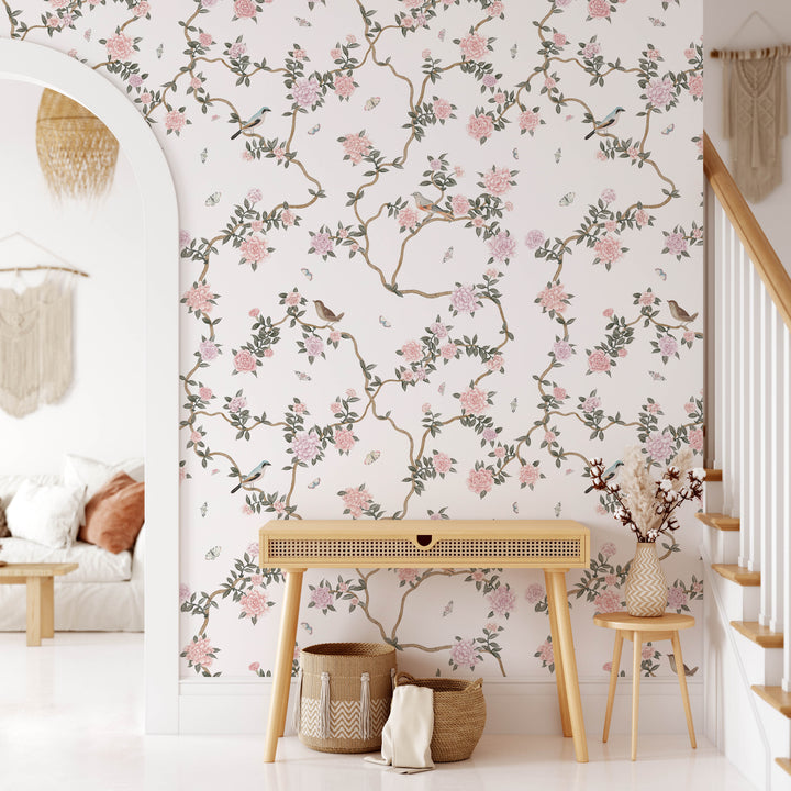 Mural Le Tariche Chinoiserie en neutro y rosa