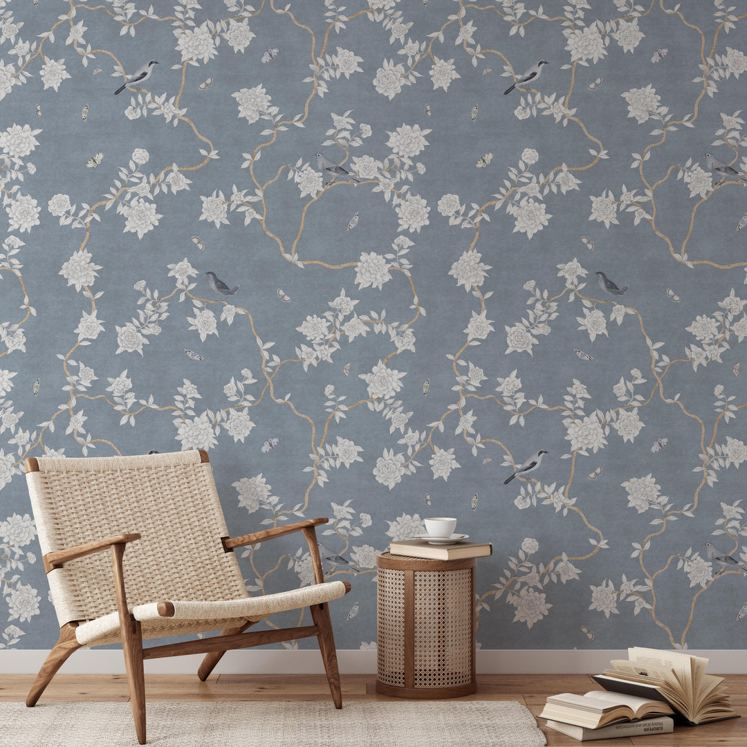 L’Atelier Botanique Chinoiserie Revival Wallpaper Mural in Denim Blue