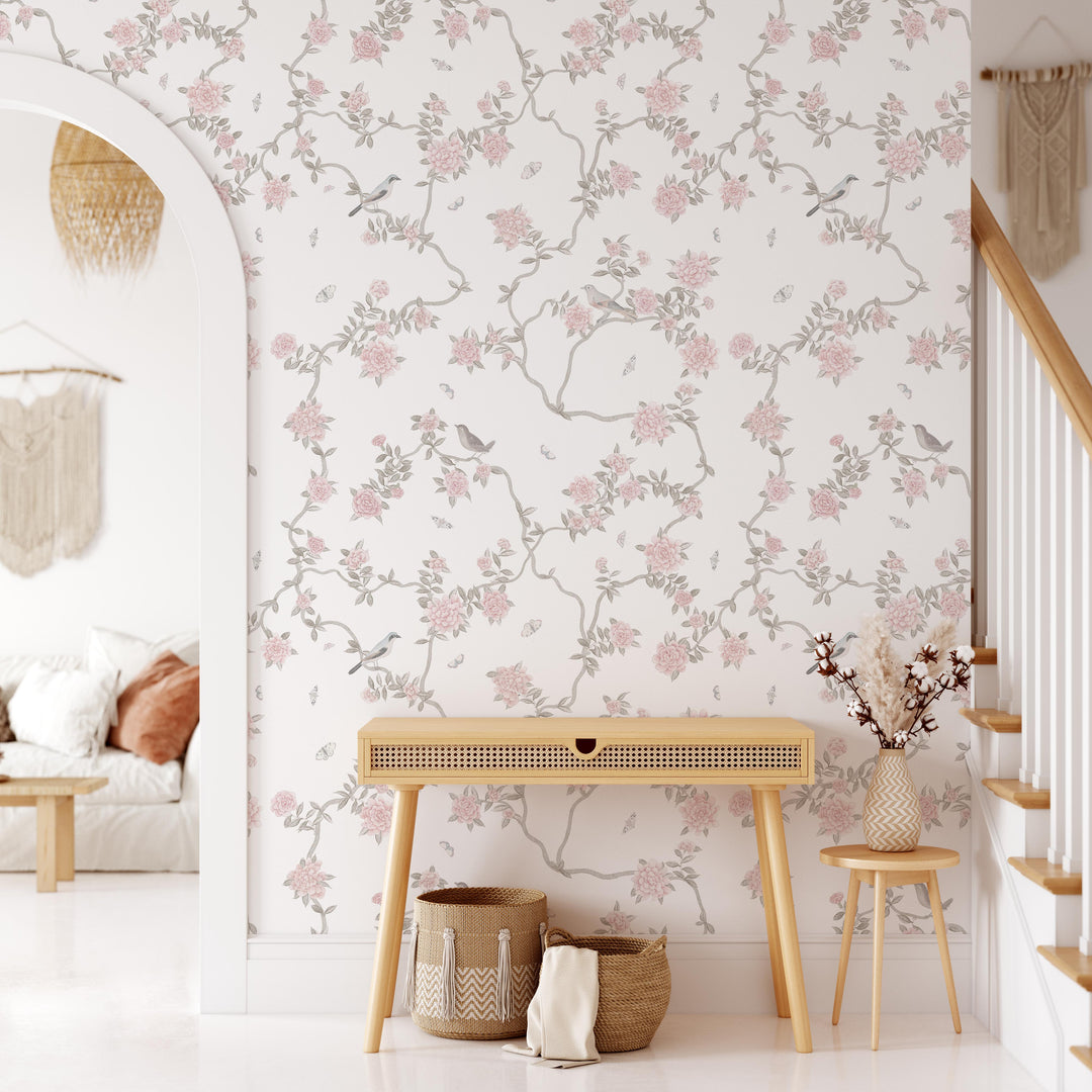 Mural Le Tariche Chinoiserie en neutro y rosa