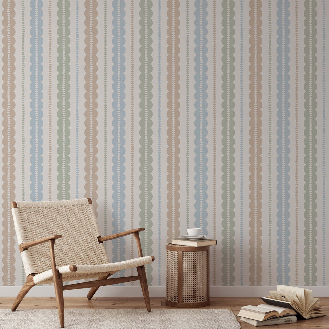 Pebble Column Stripe and Ribbon Wallpaper - Nude, Blue, Sage on Cream
