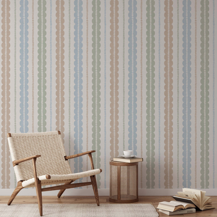 Pebble Column Stripe and Ribbon Wallpaper - Nude, Blue, Sage on Cream