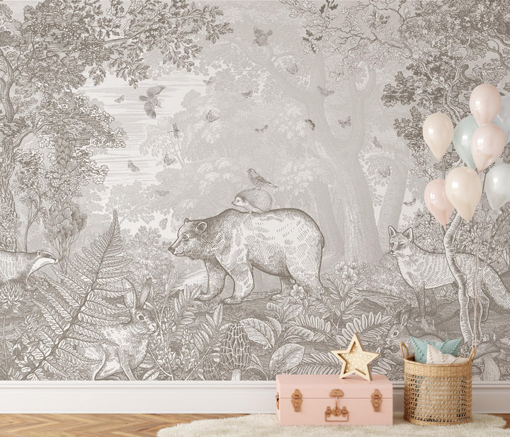 Bear and Friends Forest Mural in Taupe