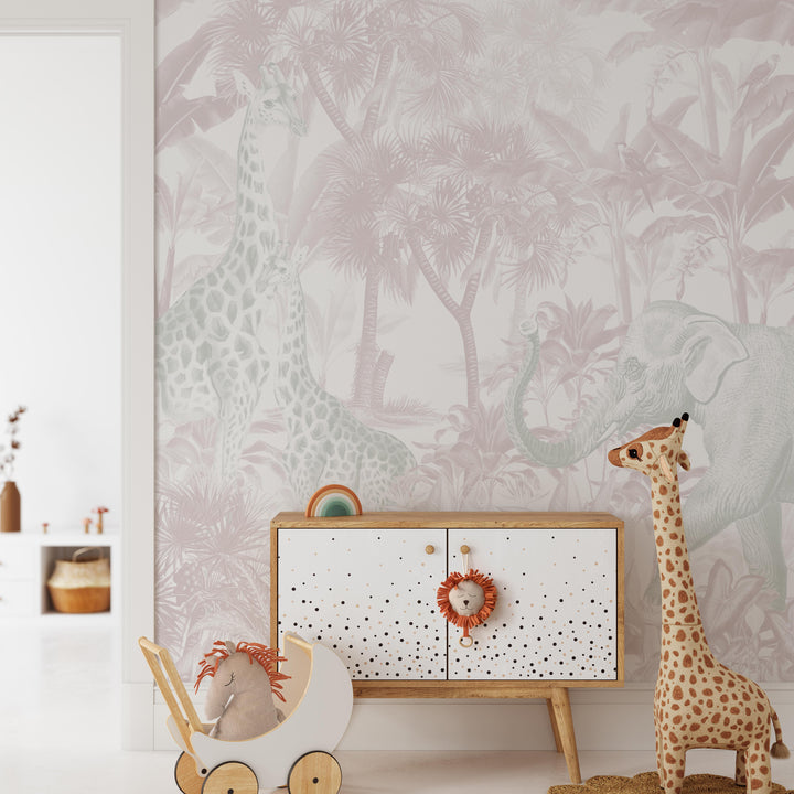 Antique African Jungle Mural Wallpaper in Pink