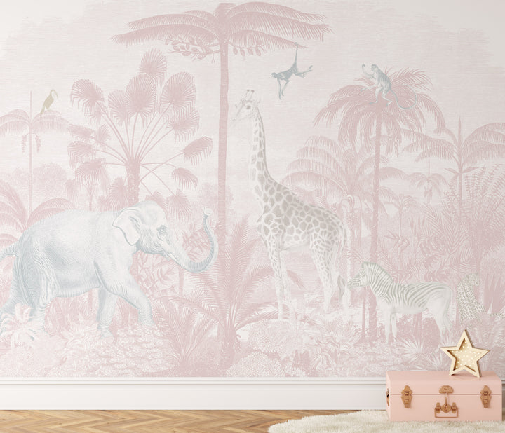 Safari Jungle Mural Wallpaper in Pink