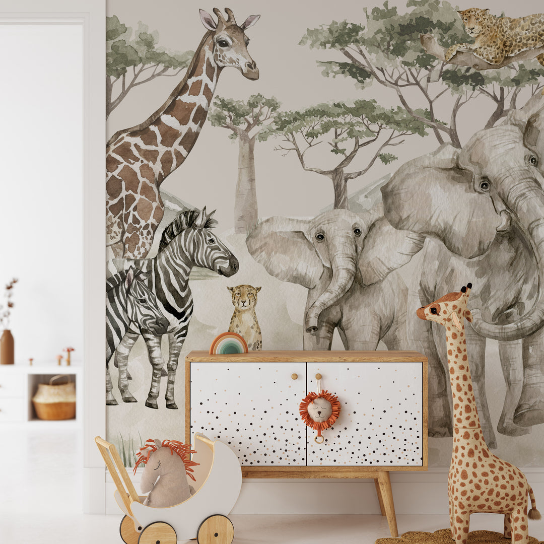 Neutral Safari Storybook Wallpaper Mural