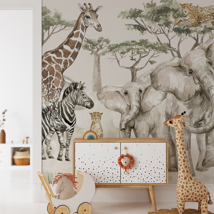 Neutral Safari Storybook Wallpaper Mural