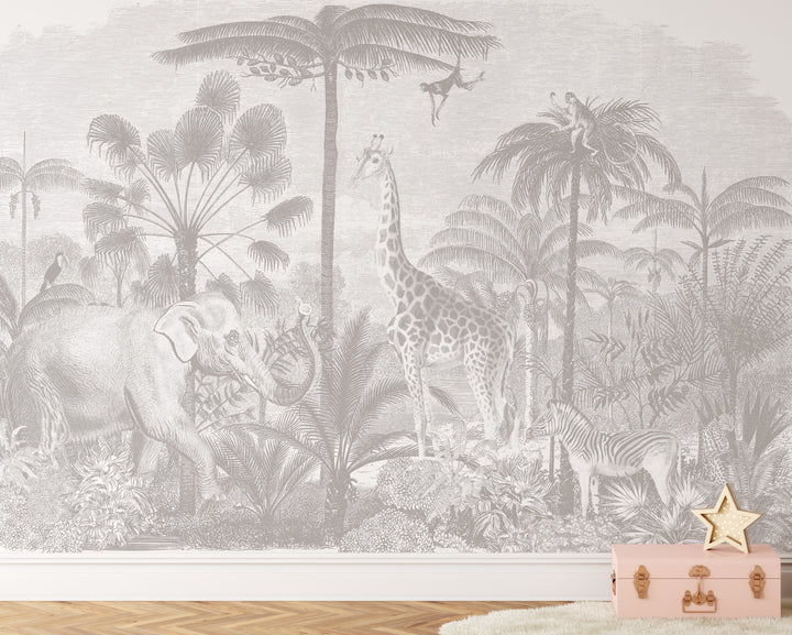 Safari Jungle Mural Wallpaper in Neutral Gray