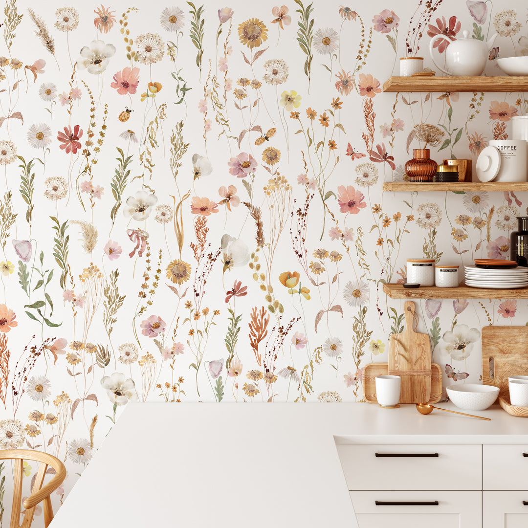 Watercolor Soft Wild Flowers Wallpaper Mural | Delicate Boho Floral Girl Nursery Wallpaper