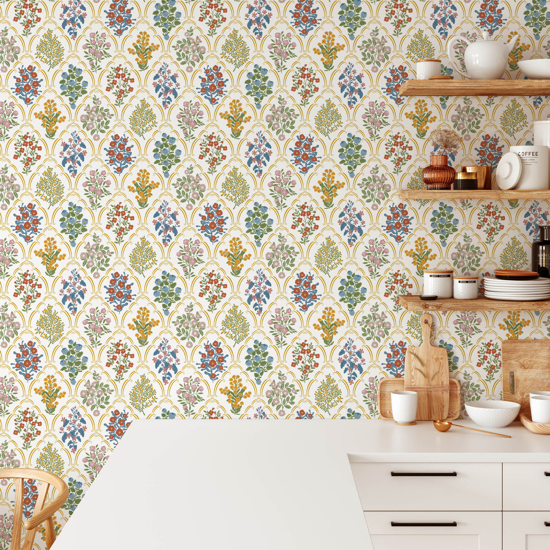 Cottage Arched Scalloped Botanical Wallpaper