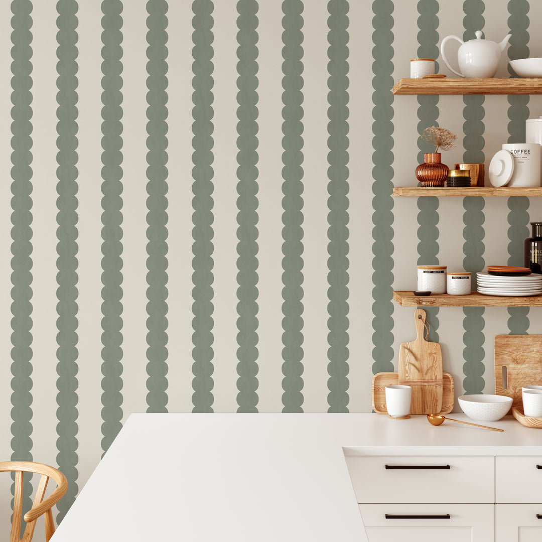 Pebble Column Stripe Wallpaper in Tate Olive and Light Cream