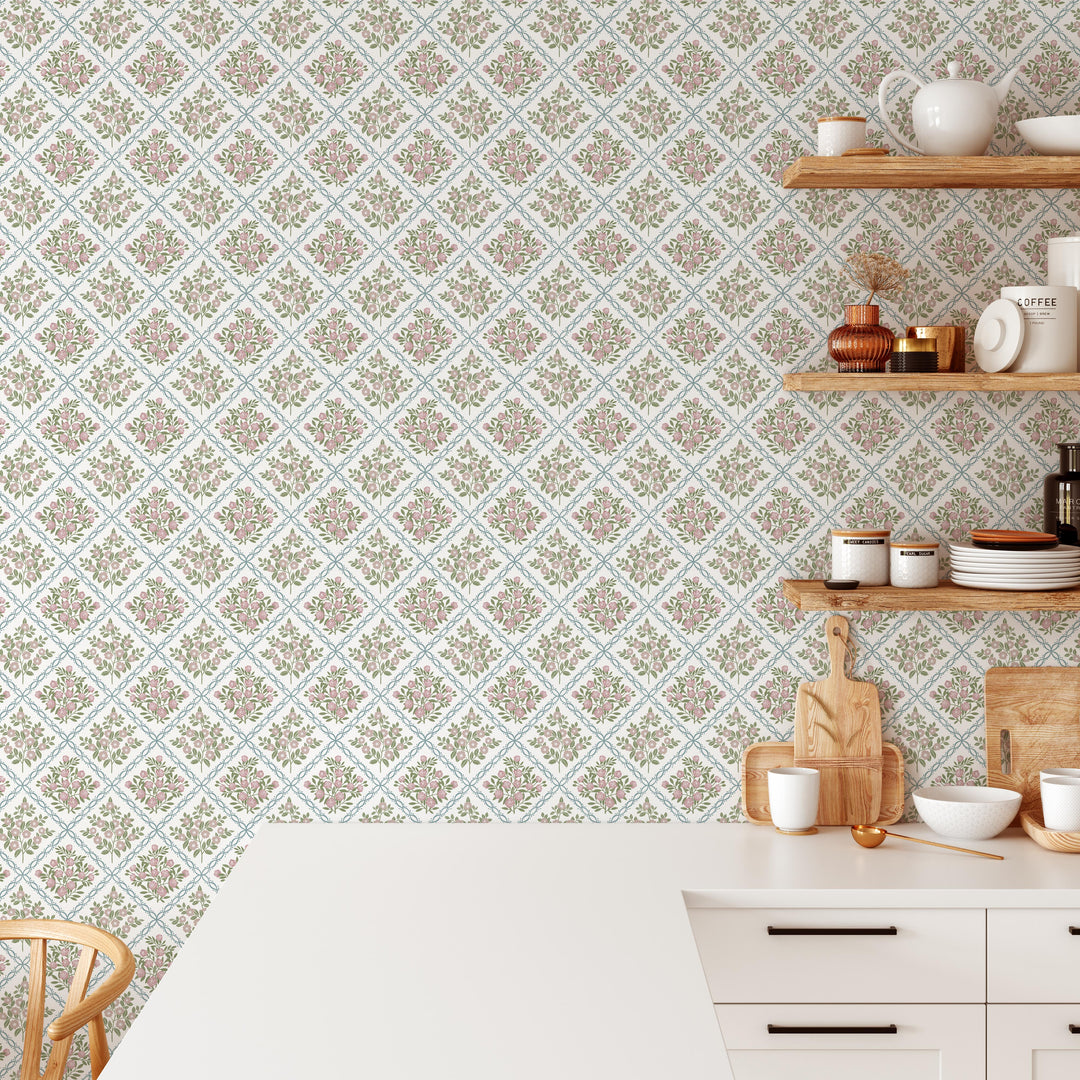 Rose Trellis Cottage Botanical Wallpaper