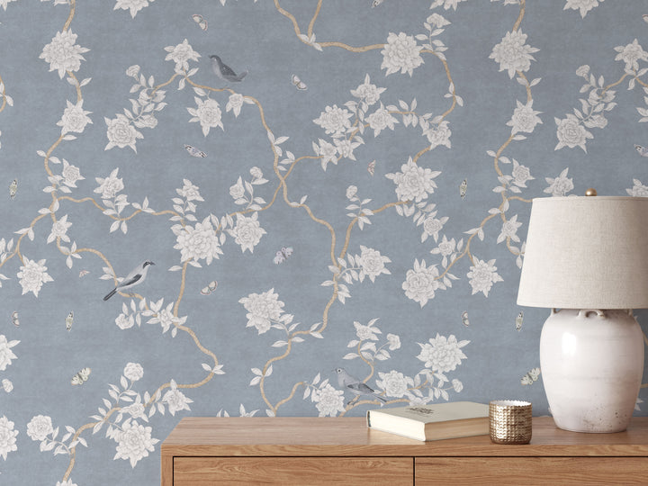 L’Atelier Botanique Chinoiserie Revival Wallpaper Mural in Denim Blue