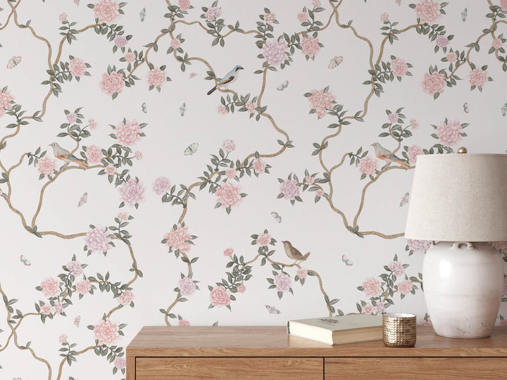 Mural Le Tariche Chinoiserie en neutro y rosa