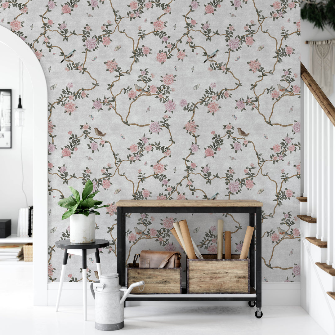 L’Atelier Botanique Chinoiserie Revival Wallpaper Mural in Gray Fog