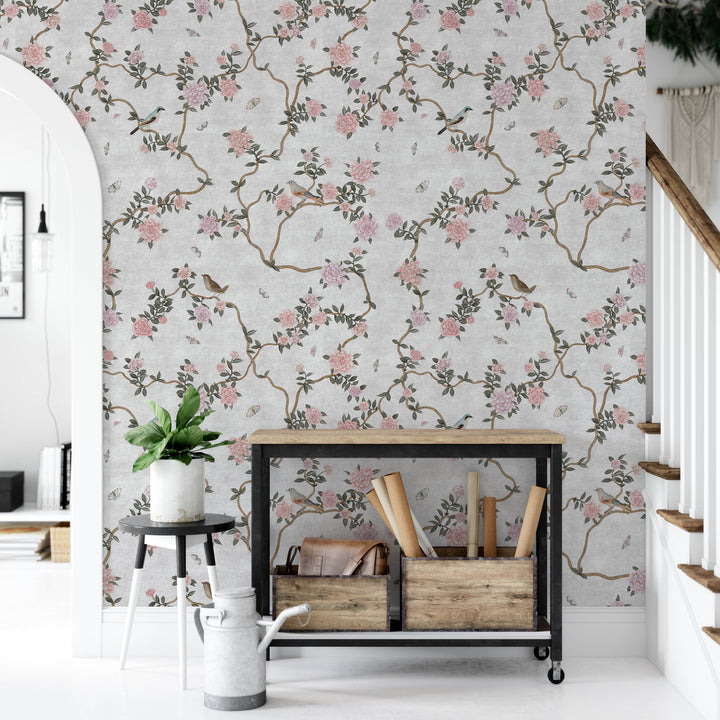 L’Atelier Botanique Chinoiserie Revival Wallpaper Mural in Gray Fog