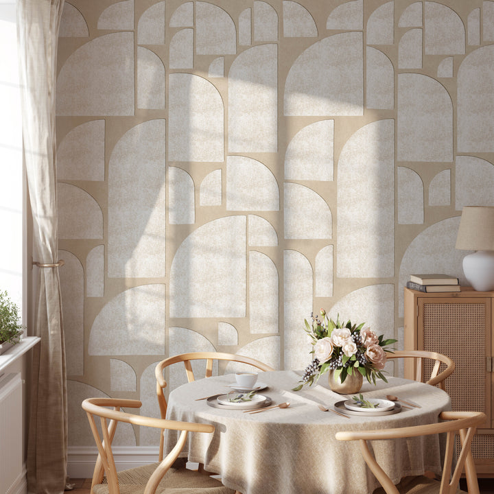Abstract Geometric Semi Arch Shapes Mural in Neutral and White