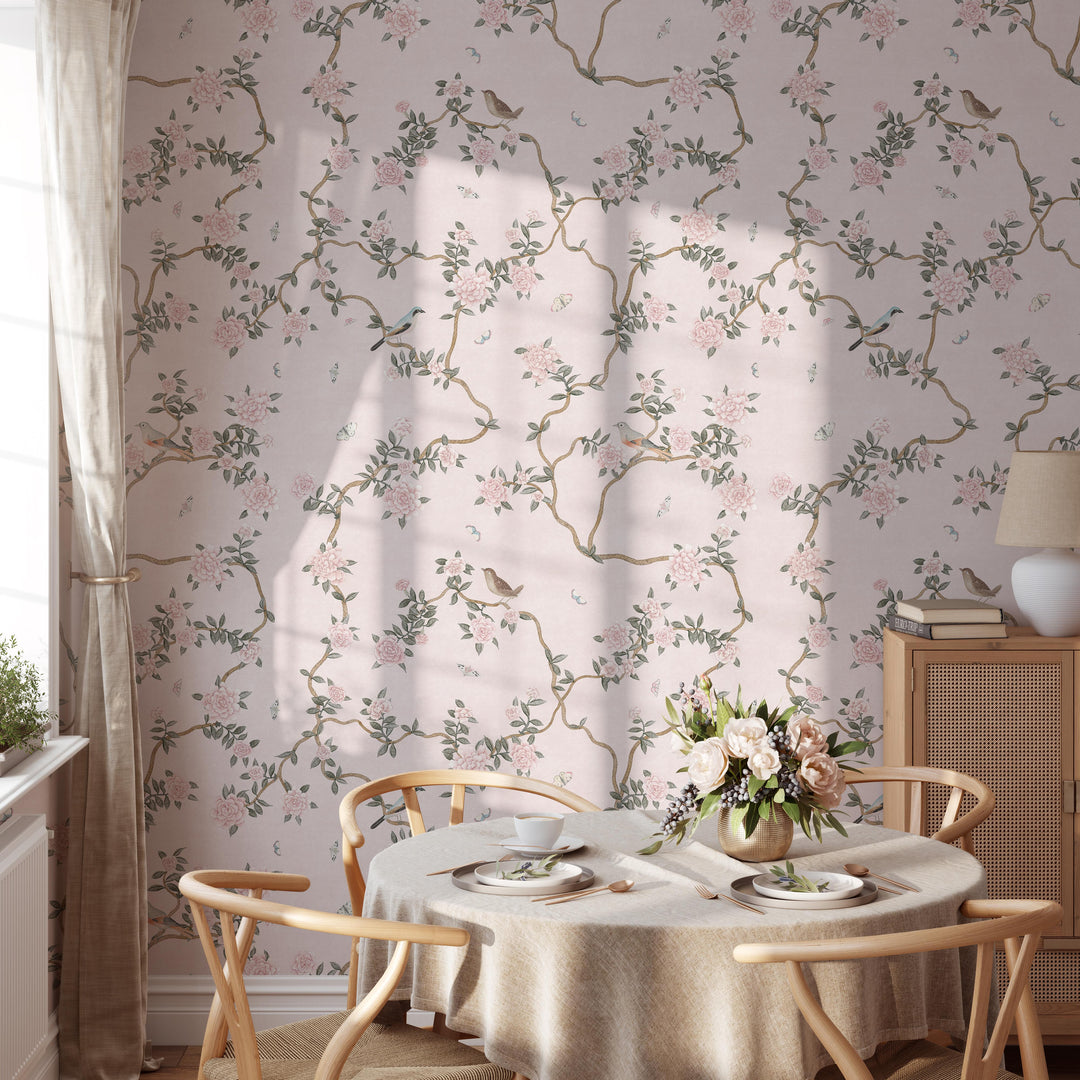 L’Atelier Botanique Chinoiserie Revival Wallpaper Mural in Pink Blush