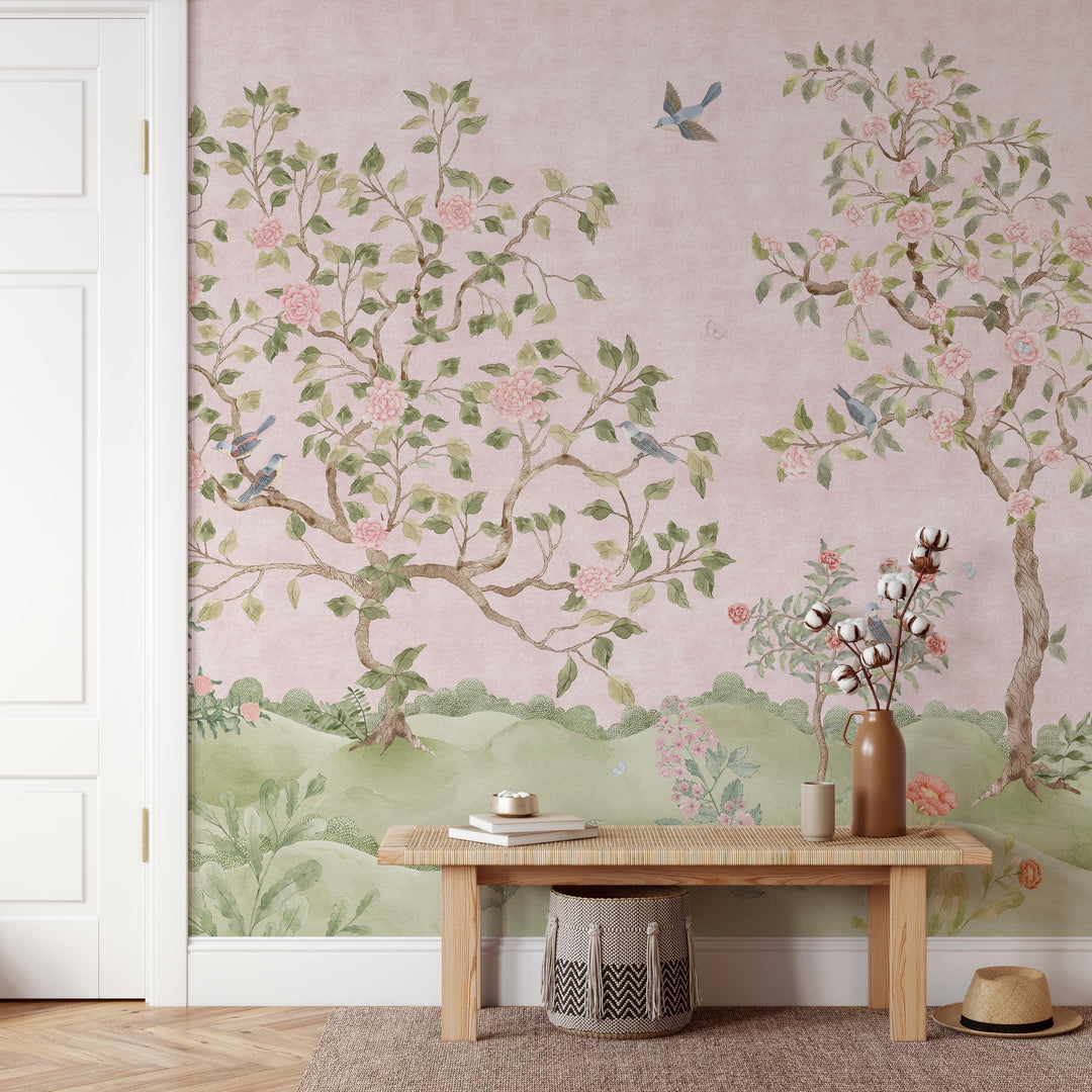 Mural Le Tariche Chinoiserie en neutro y rosa