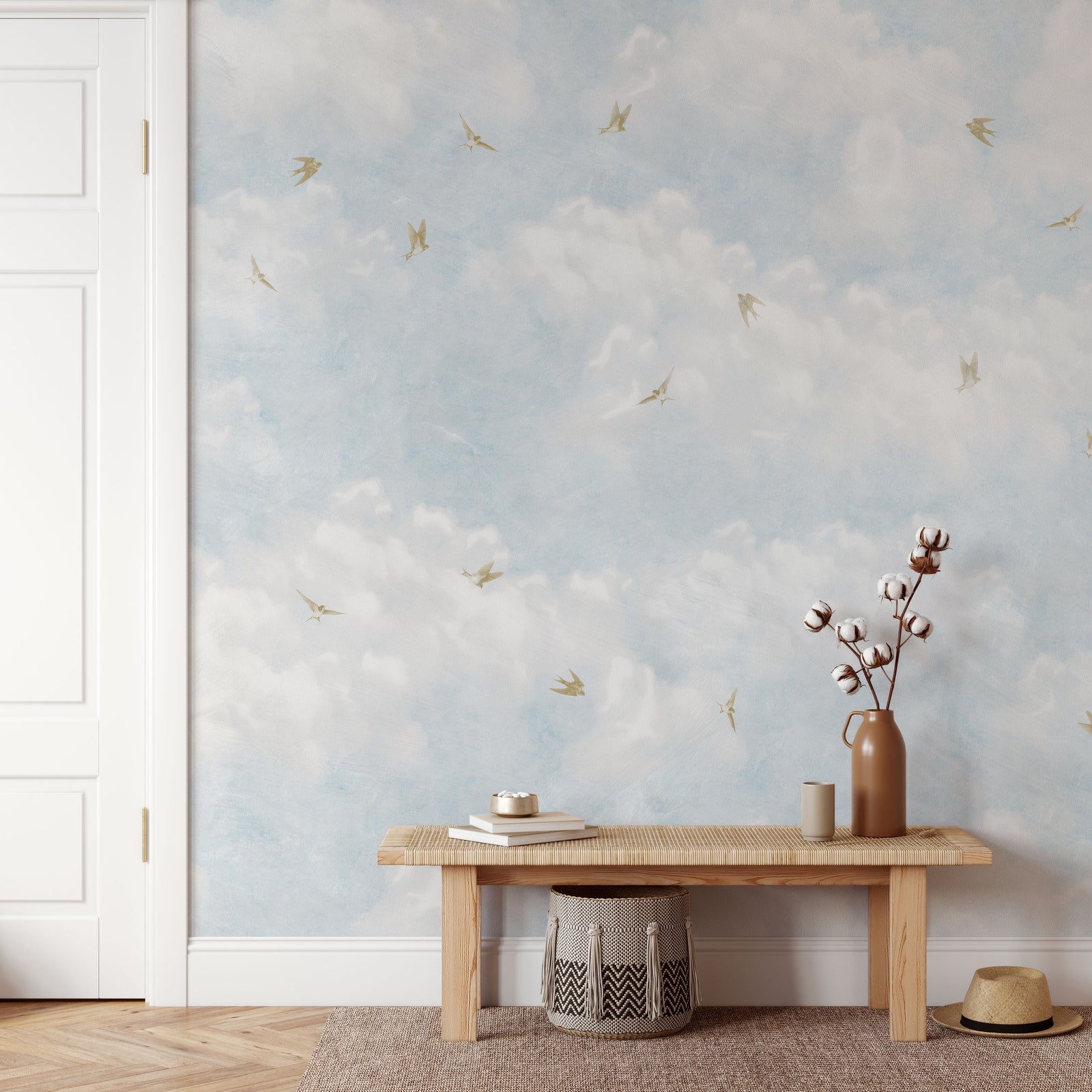 Soft Vintage Clouds with Swallows Mural