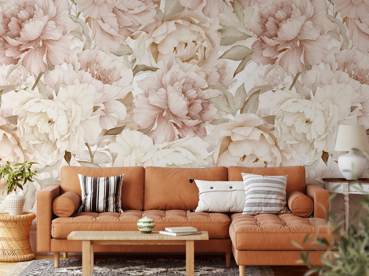 Boho Blush Watercolor Peony Bouquet Mural | Large Scale Floral Girl Nursery Wallpaper