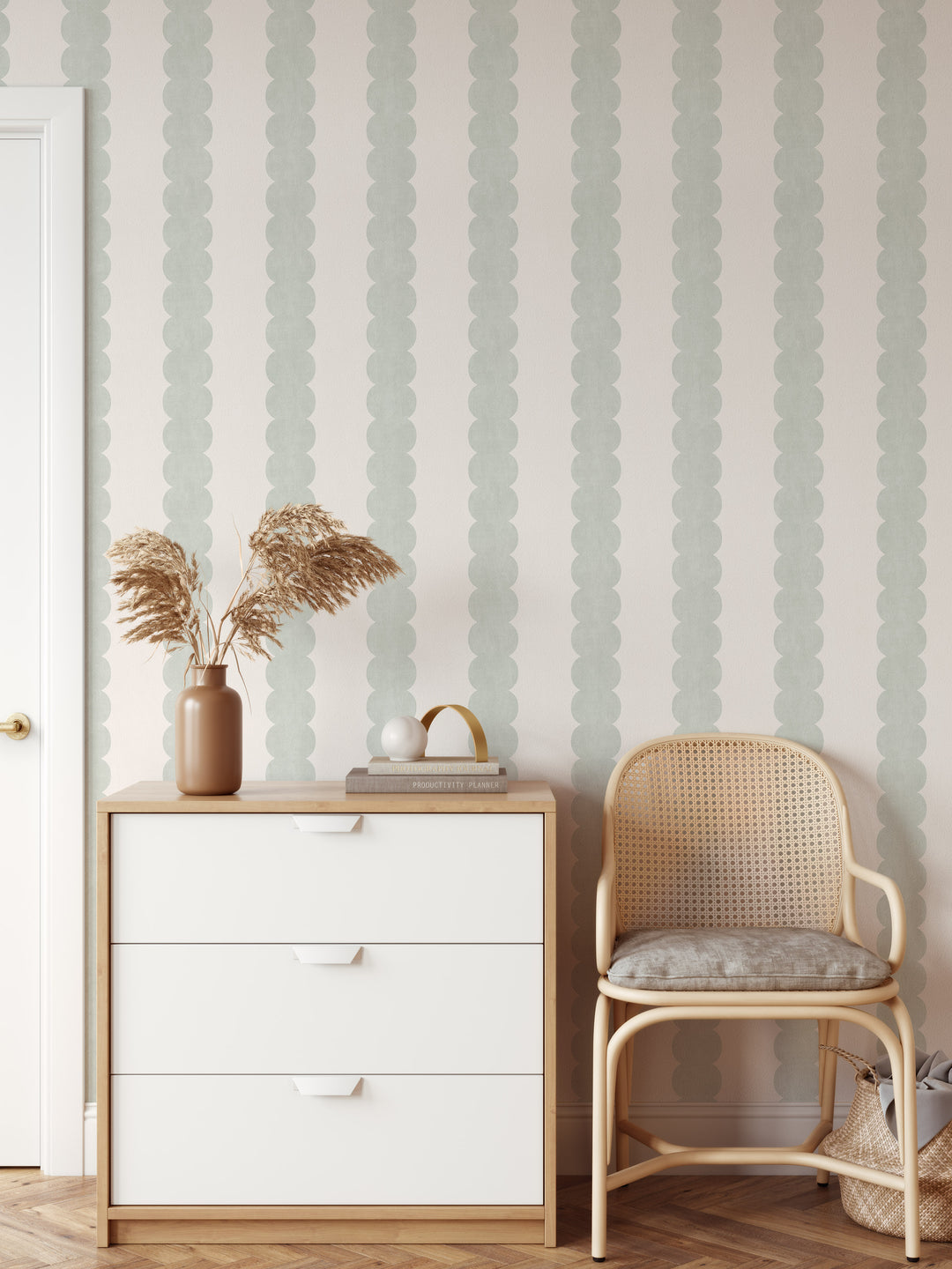 Pebble Column Stripe Wallpaper in Sage and Off White