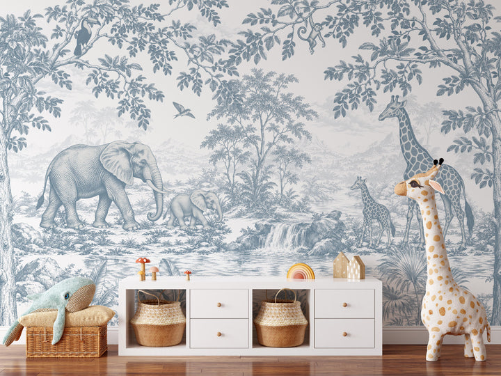 Vintage Toile Safari Wallpaper Mural in Antique Blue