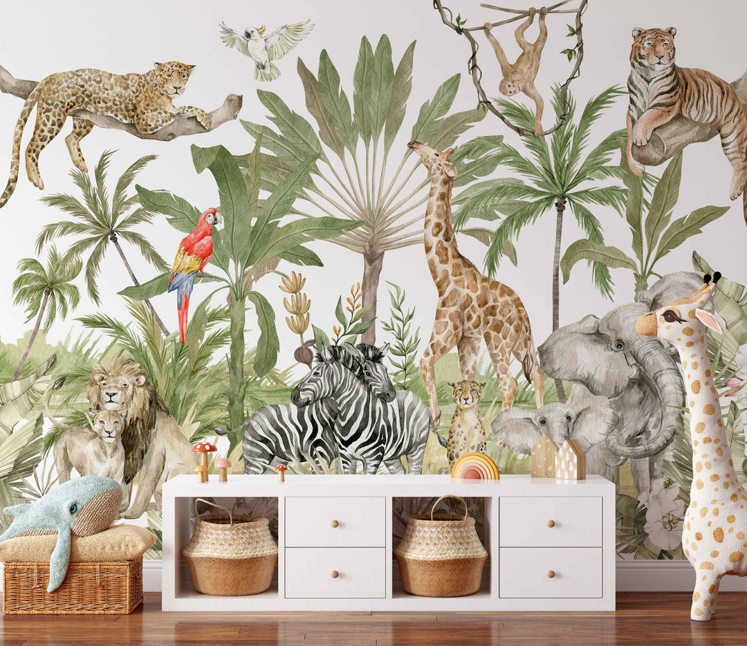 Tropical Paradise Mural | Jungle African Savanna Animals Lion Elephant Giraffe Tiger Cheetah and Monkeys