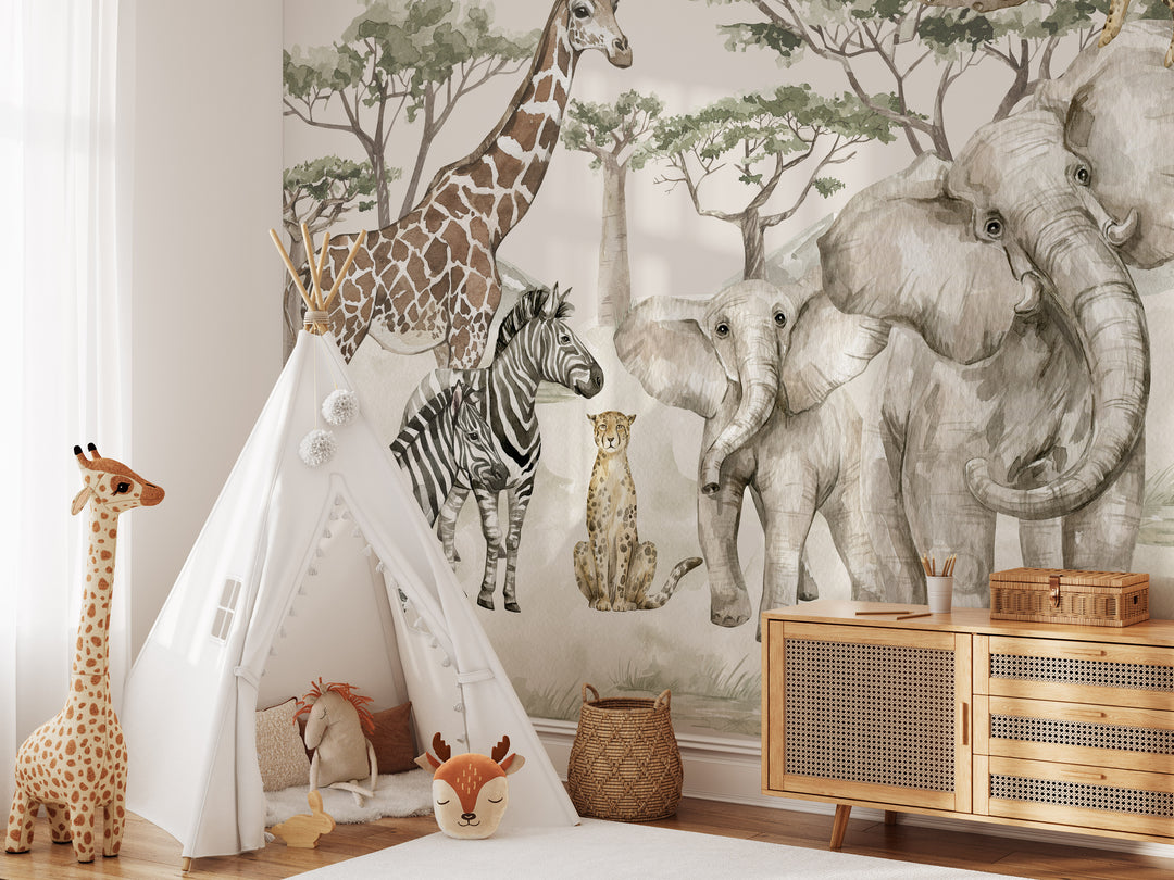 Neutral Safari Storybook Wallpaper Mural