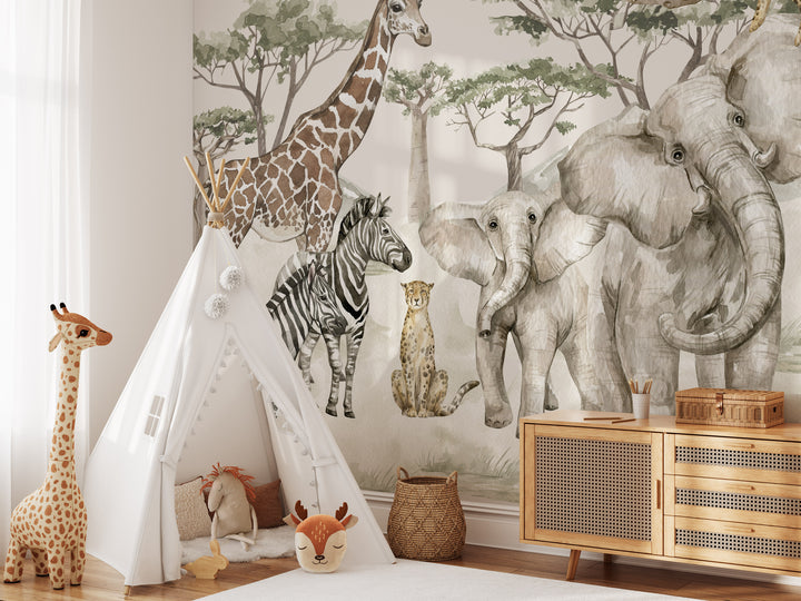 Neutral Safari Storybook Wallpaper Mural