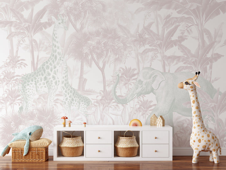 Antique African Jungle Mural Wallpaper in Pink