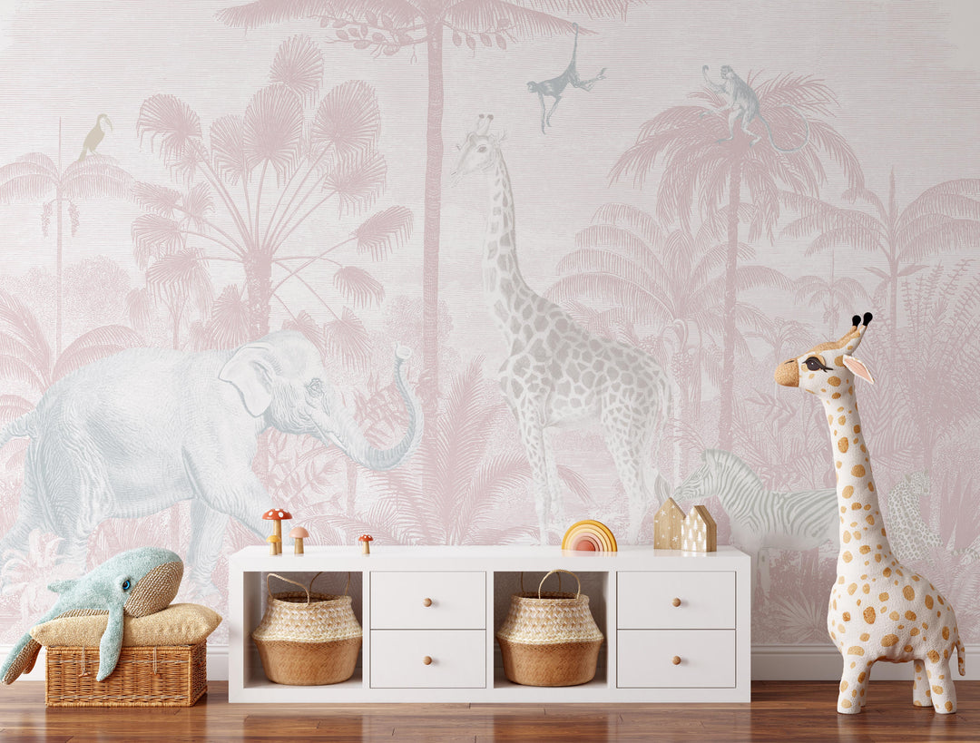 Safari Jungle Mural Wallpaper in Pink