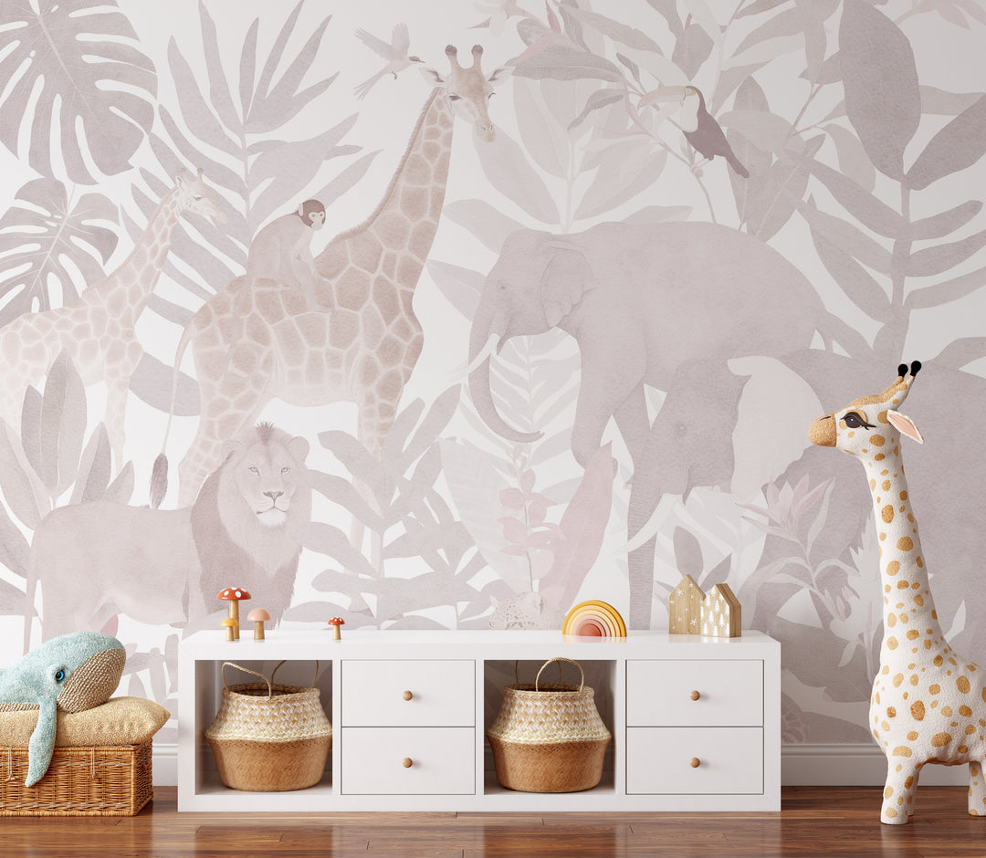 Safari Mural Wallpaper in Pink