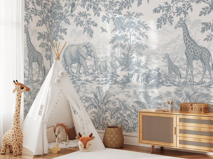Vintage Toile Safari Wallpaper Mural in Antique Blue