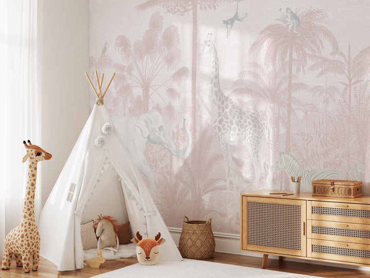 Safari Jungle Mural Wallpaper in Pink