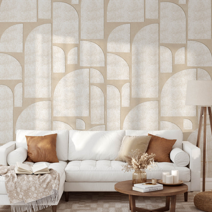 Abstract Geometric Semi Arch Shapes Mural in Neutral and White