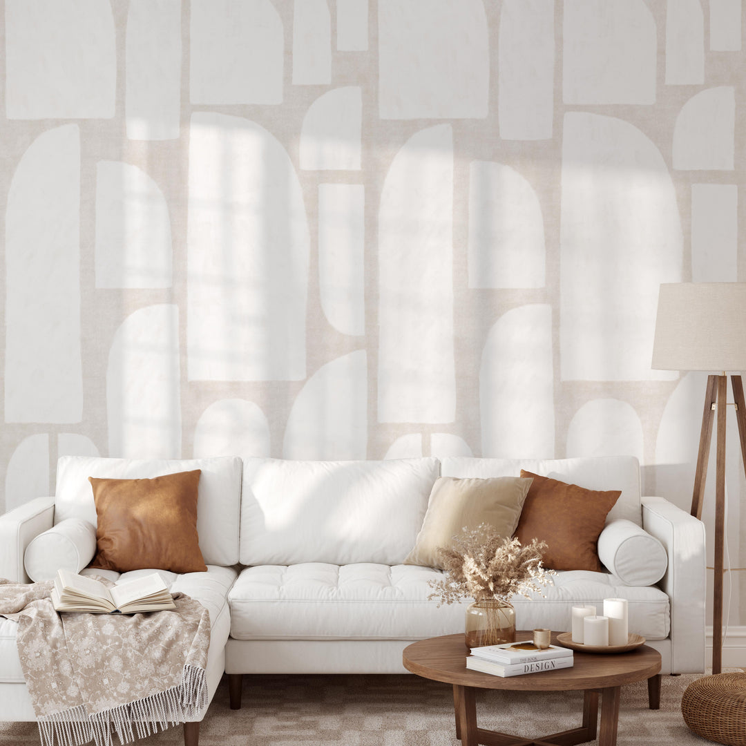 Abstract Geometric Oil Paint Semi Arch Shapes in Neutral and White Mural