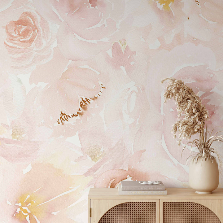 Soft Blush Watercolor Peony Mural | Large Scale Floral Bouquet Girl Nursery Wallpaper