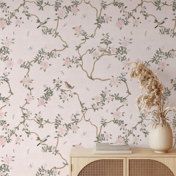 L’Atelier Botanique Chinoiserie Revival Wallpaper Mural in Pink Blush